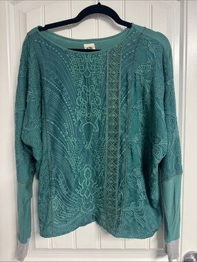 Anthropologie Teal Embroidered Pullover Sweatshirt